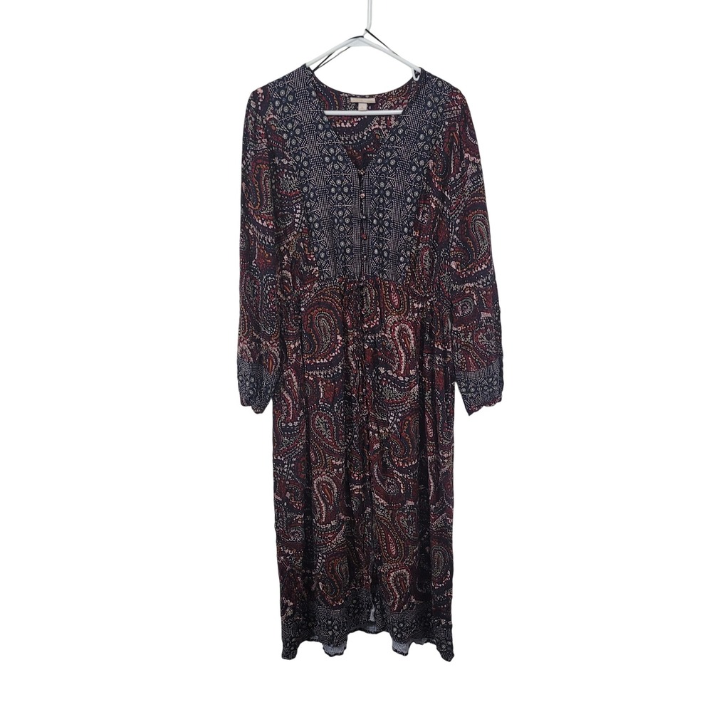 Knox Rose XL Maxi Dress Womens Red Navy Paisley Boho Button Front Long Sleeve